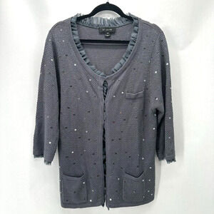 St.‎ John Santana Knit Cardigan Womens 10 Gray Raw Silk Sequin Yacht Old Money